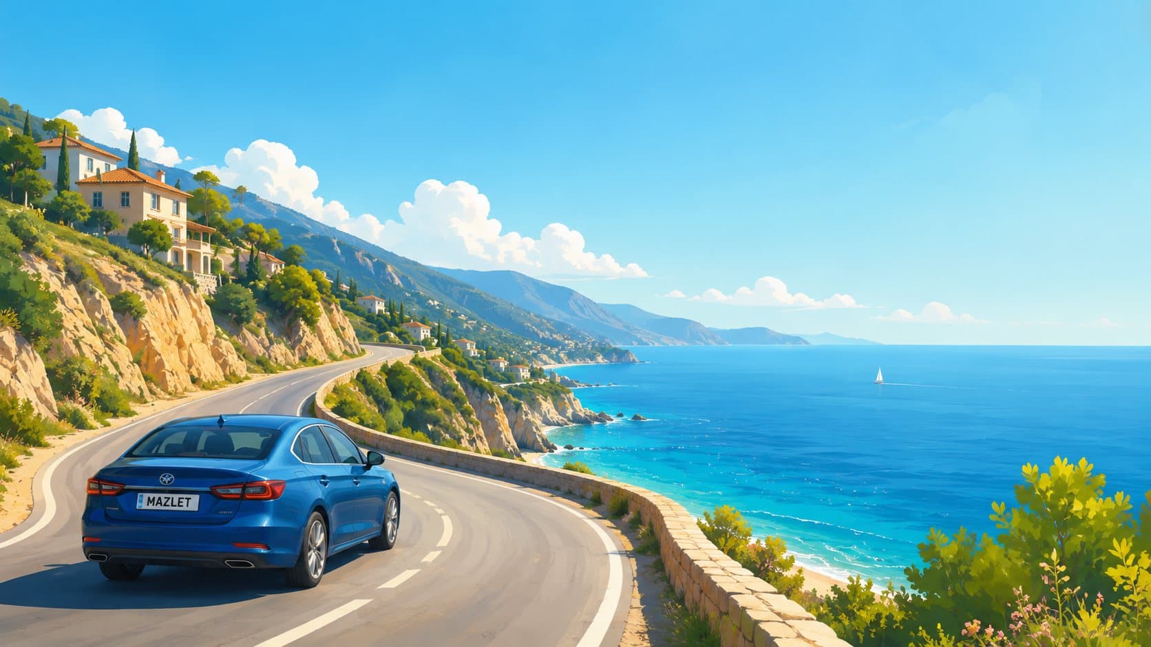 A car driving on a quiet road surrounded by mountains