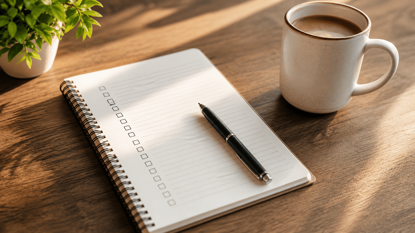 A study notebook and pen on a wooden desk