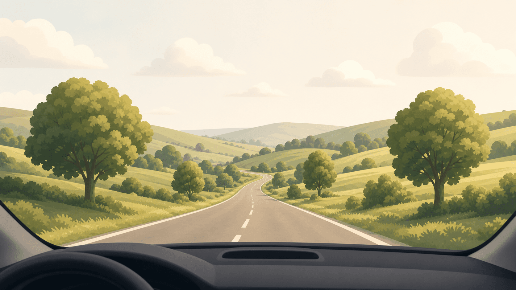 Quiet countryside road seen through a car windshield