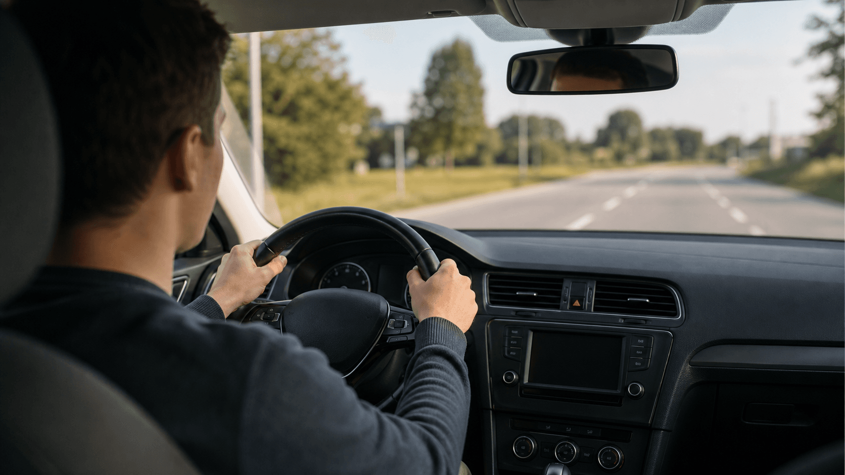A learner driving on a calm road