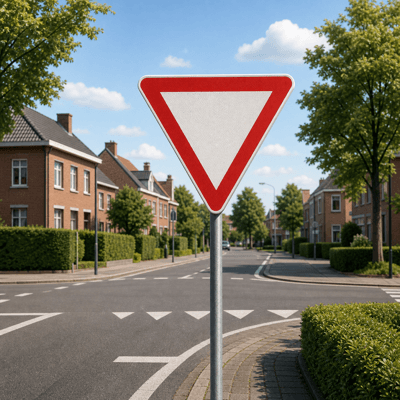 An inverted triangle with a red border beside a road